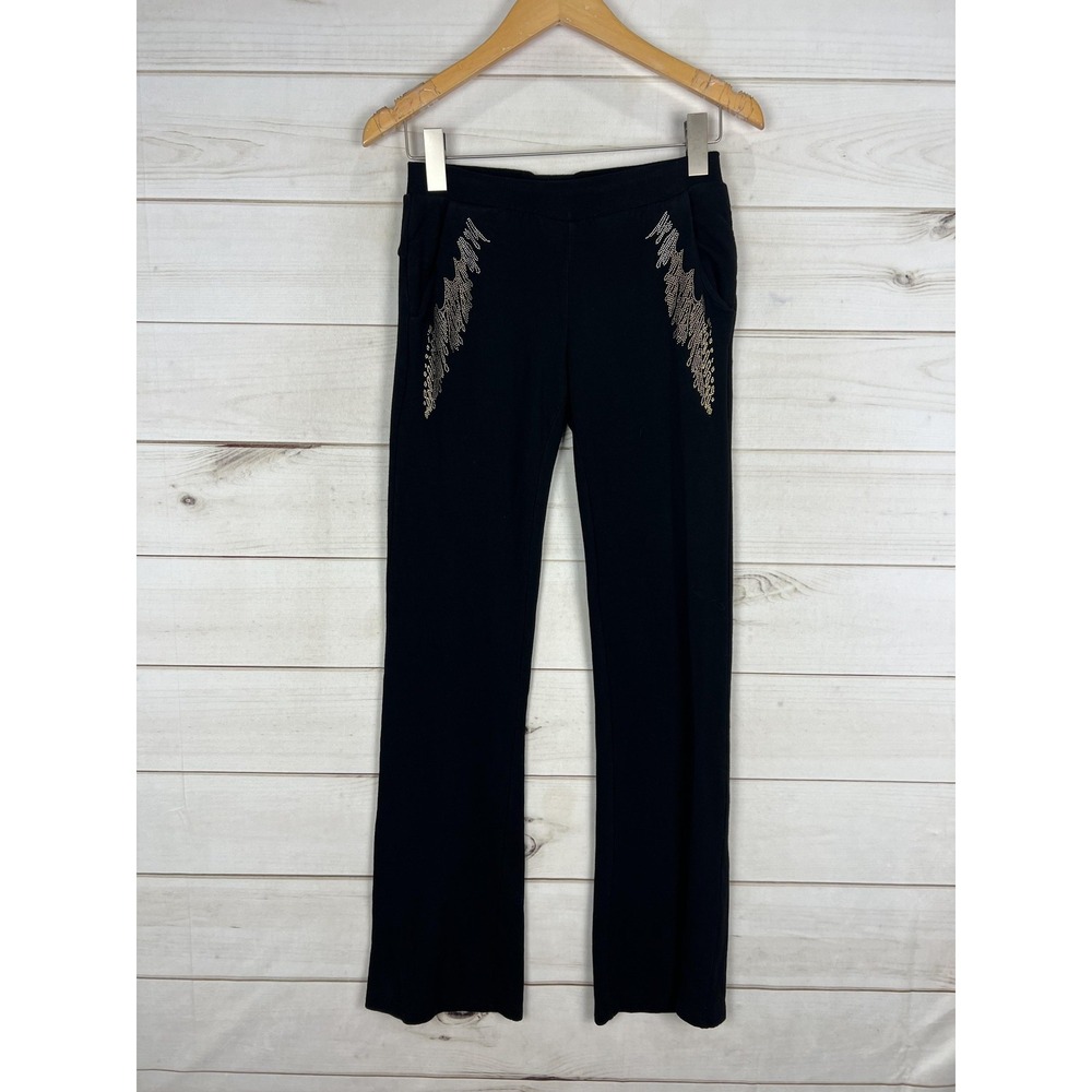 bebe Pants Womens XS Black Rhinestone Bootcut Yoga Lounge Stretch Pockets Logo